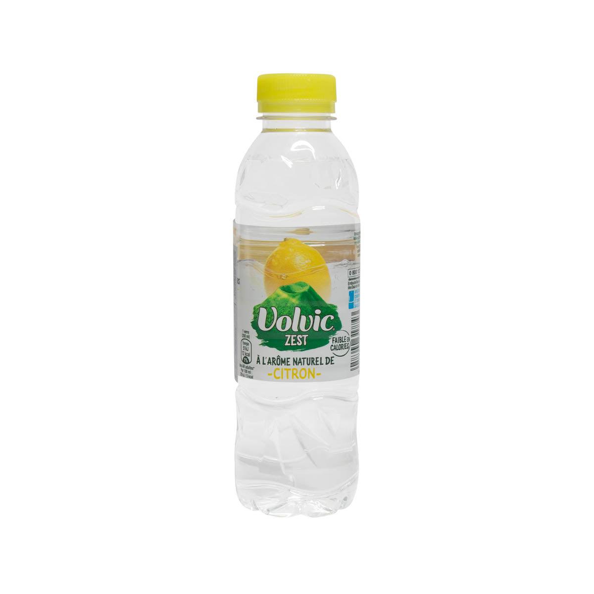 Volvic Zest lemon natural mineral water bottle, clear plastic, yellow cap