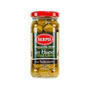 Pitted green olives jar with SERPIS front label, 235 g