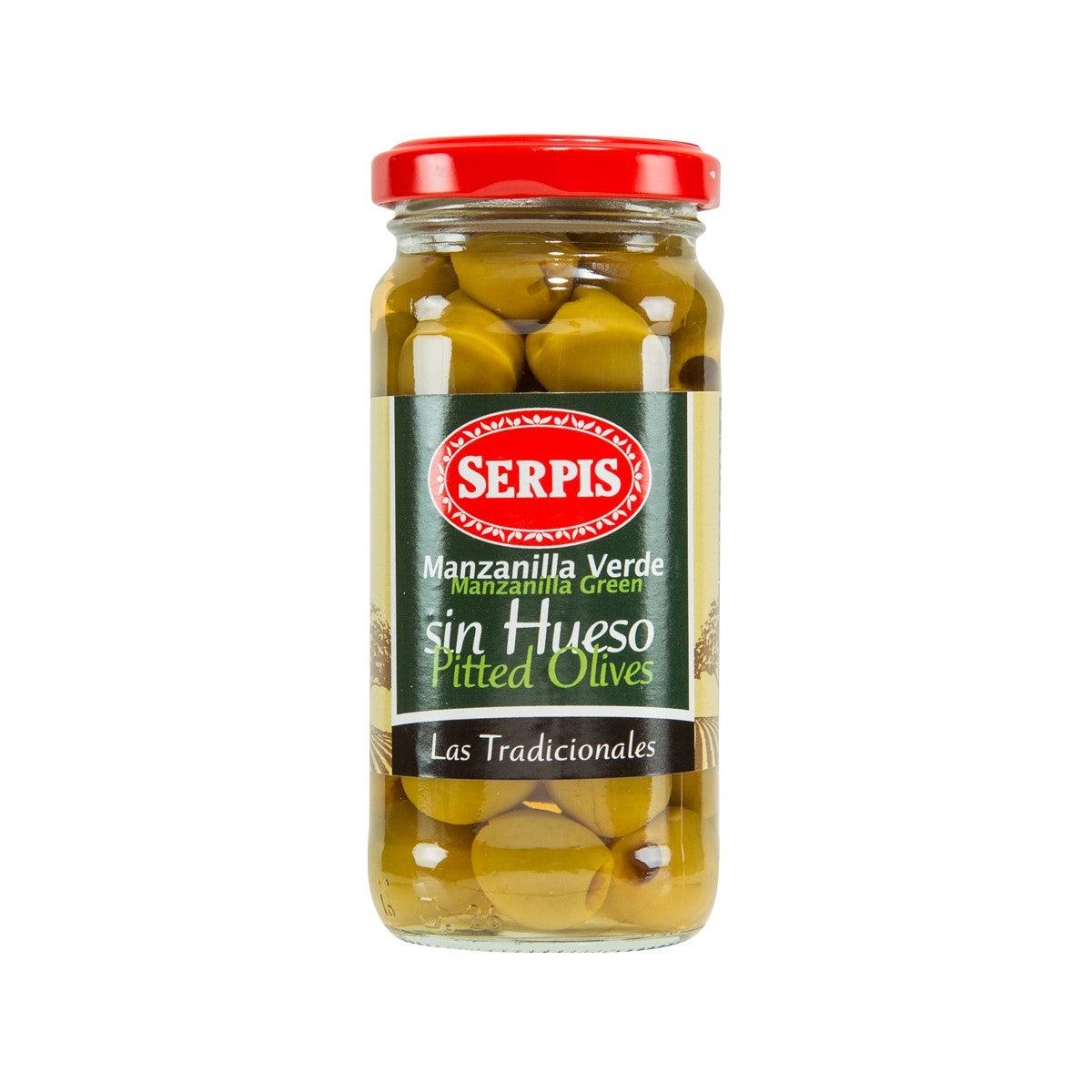 Pitted green olives jar with SERPIS front label, 235 g