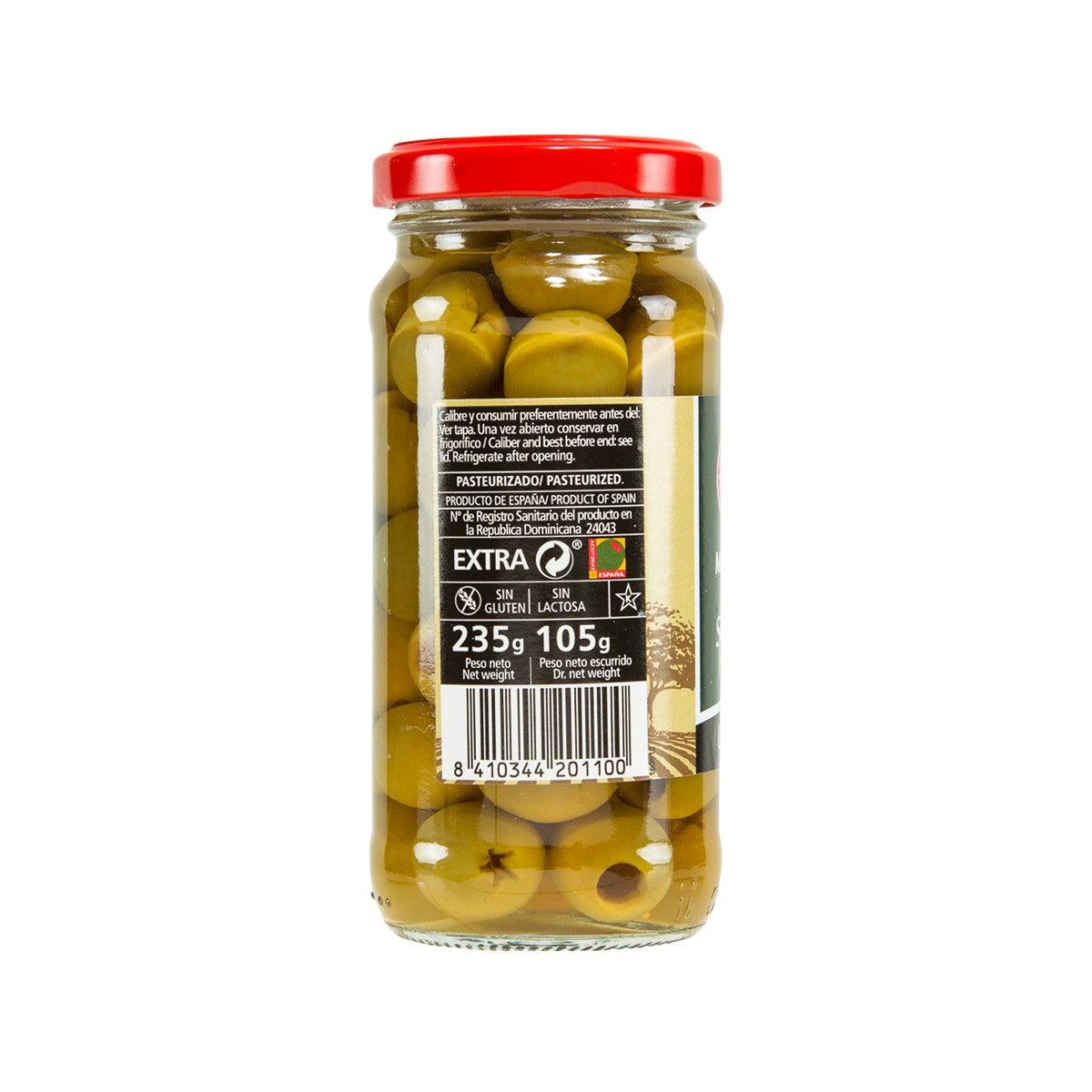 Pitted green olives jar back label, 235 g with nutrition details