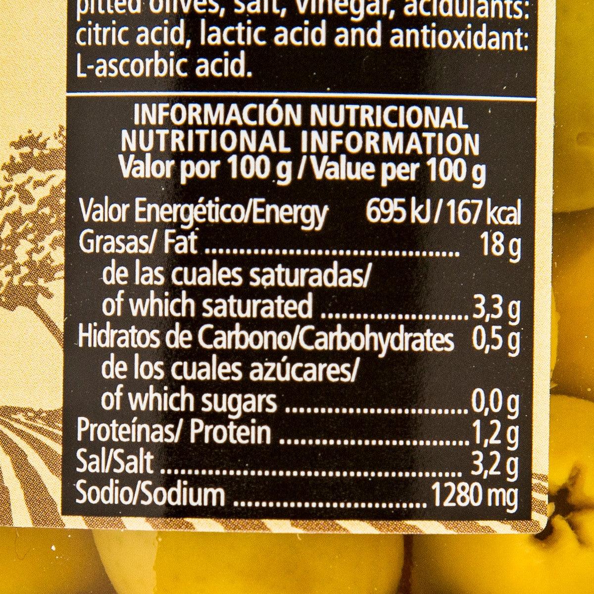 Nutrition information panel for pitted green olives, value per 100 g