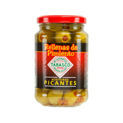 SERPIS Tabasco stuffed olives jar with red pepper in brine, front label visible