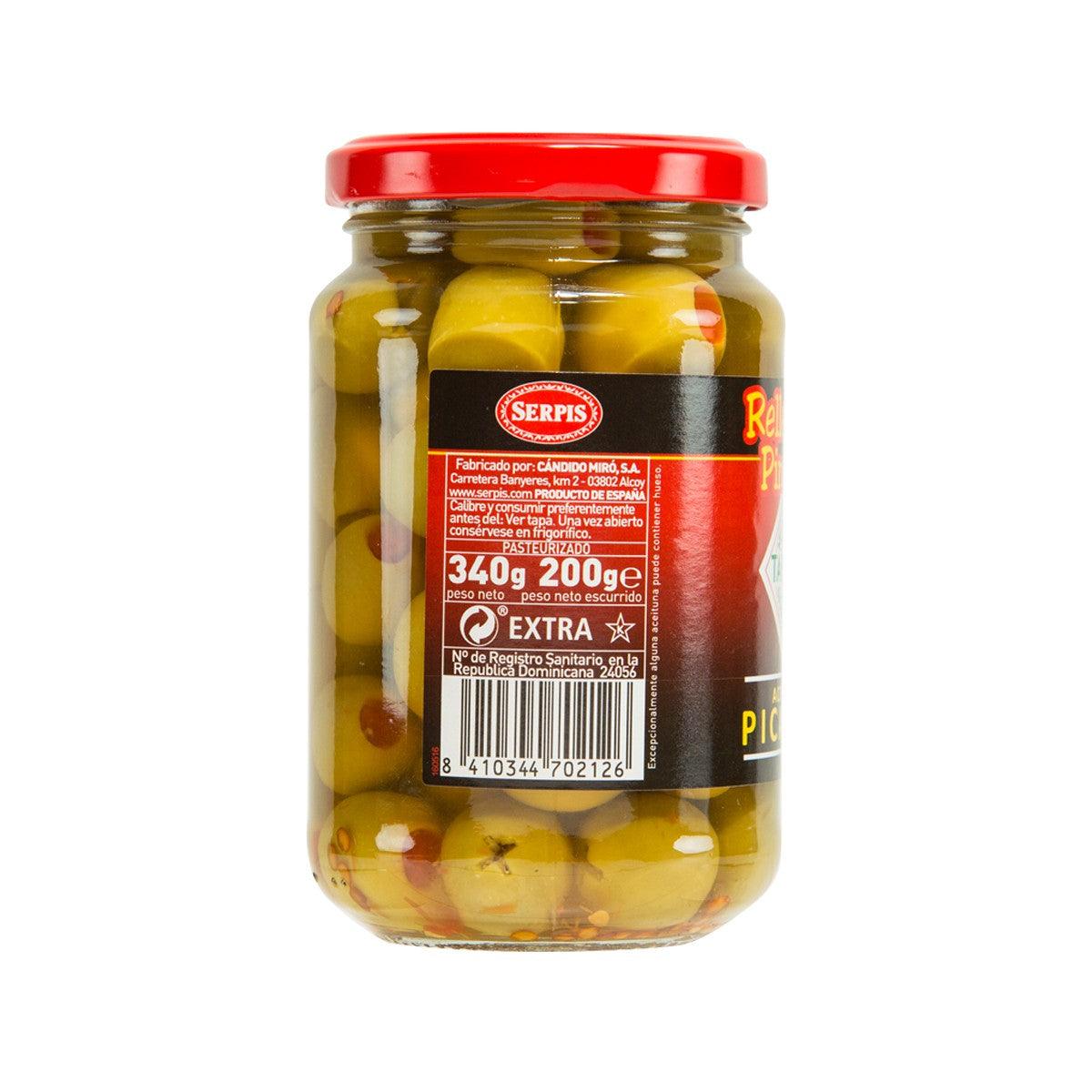 SERPIS stuffed olives jar, back label with weight 340g and extra icons