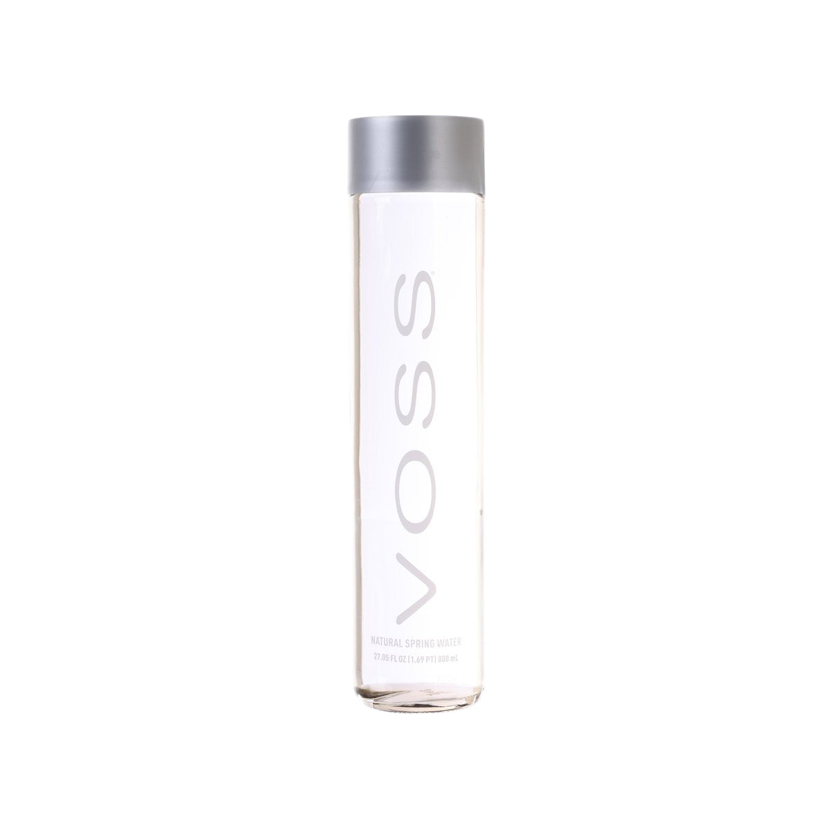 VOSS natural spring water bottle, clear with gray cap, 800 mL