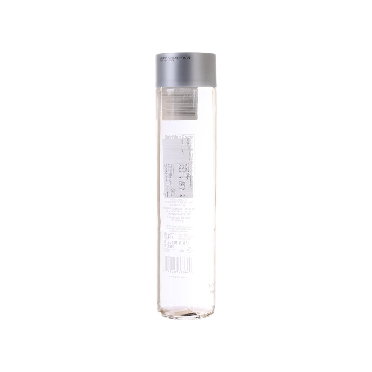 Clear 800 mL spring water bottle with gray cap and back label