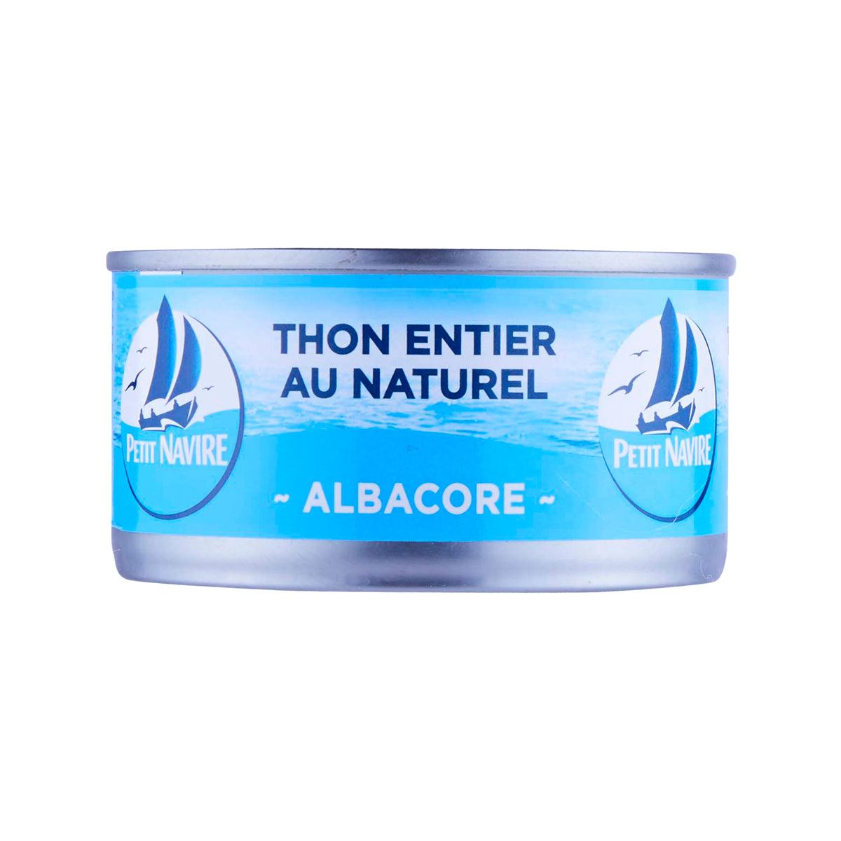 PETIT NAVIRE natural tuna in brine 190g tub, blue front label with albacore text
