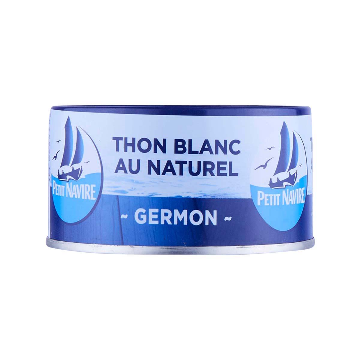 Tuna in brine can, PETIT NAVIRE blue label with 'THON BLANC AU NATUREL'