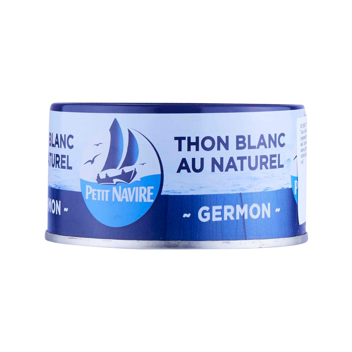 Tuna in brine can side label, PETIT NAVIRE blue 'THON BLANC AU NATUREL'