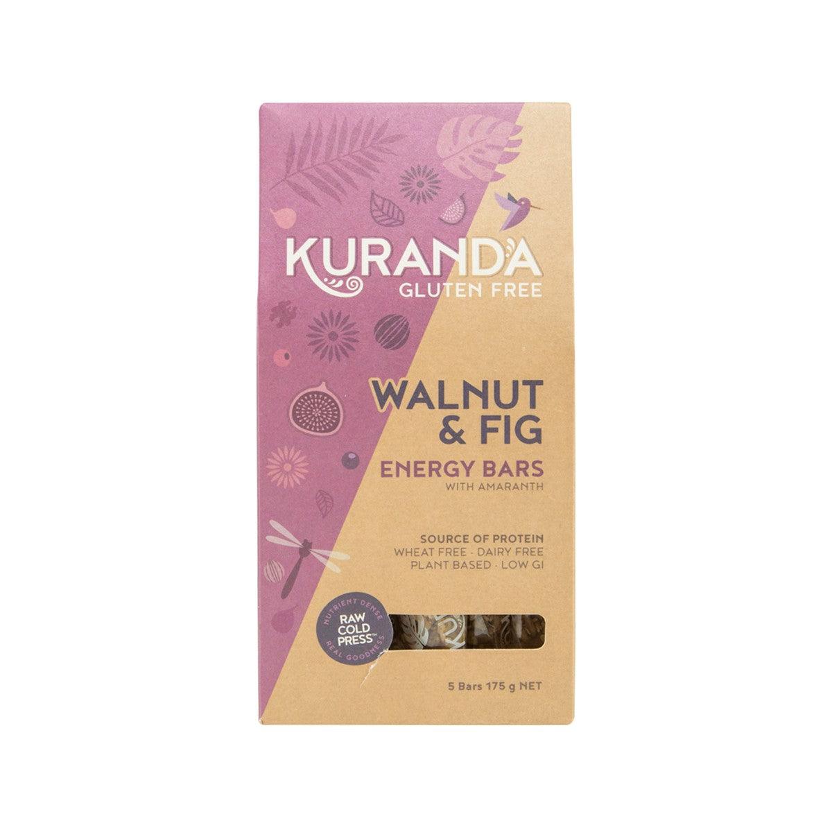KURANDA Walnut & Fig energy bars box front, gluten-free and amaranth callout