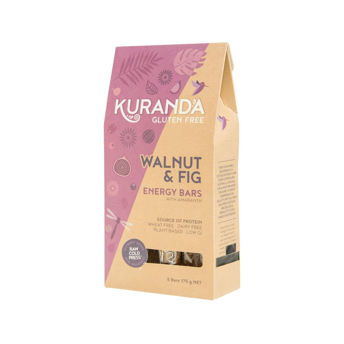 KURANDA Walnut & Fig energy bars box side, gluten-free label and flavor panel