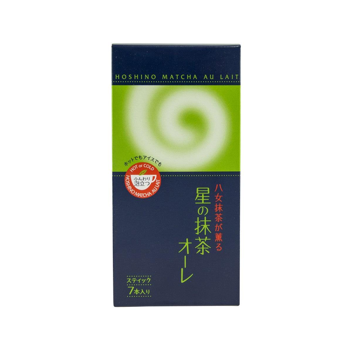 HOSHINO matcha au lait powder box, green swirl and dark navy label
