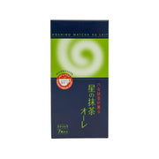 HOSHINO matcha au lait powder box, green swirl and dark navy label