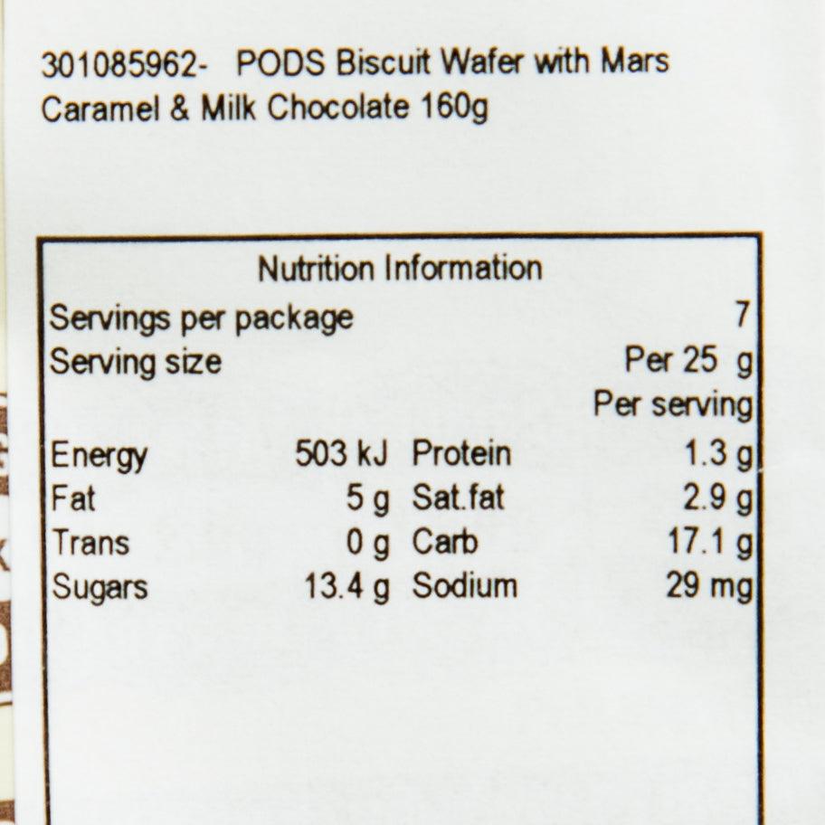 Nutrition information panel for PODs Mars biscuit wafer, per 25 g serving