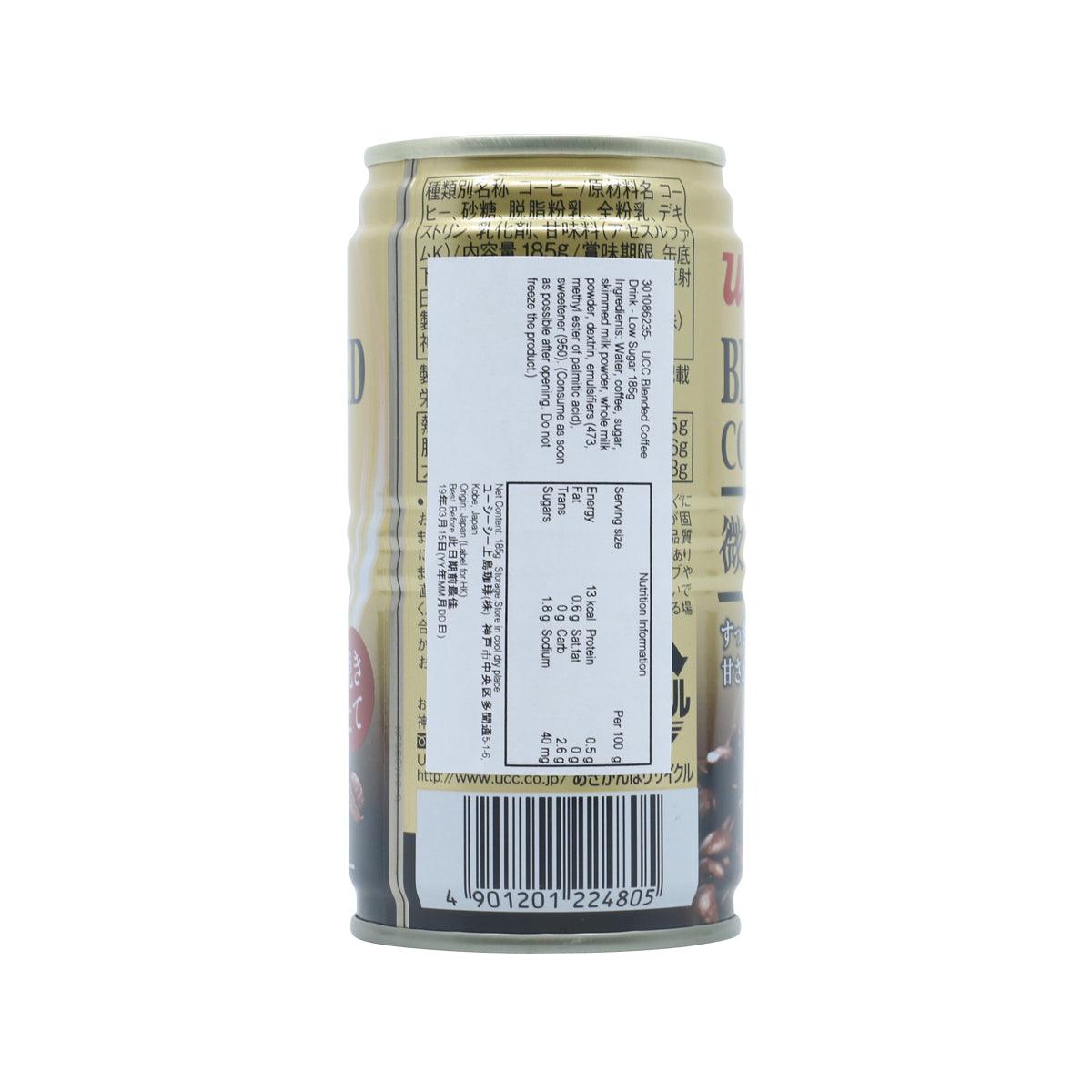 UCC blended coffee drink can, low sugar, 185g, back label with nutrition facts
