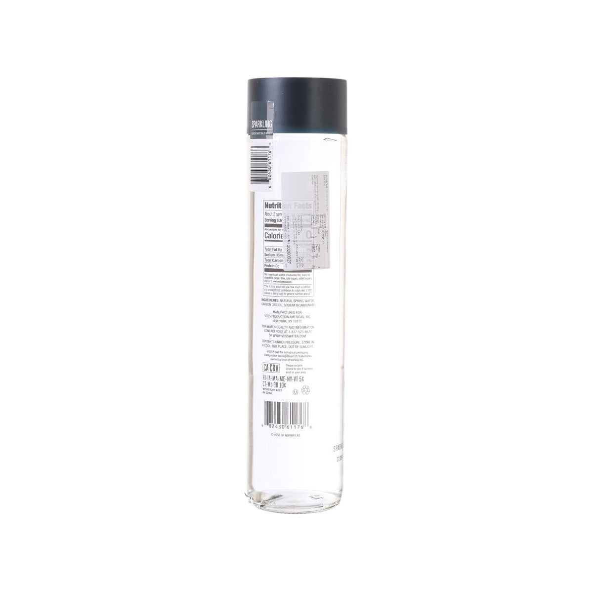 Sparkling spring water bottle, 800 mL, clear bottle with nutrition info on back