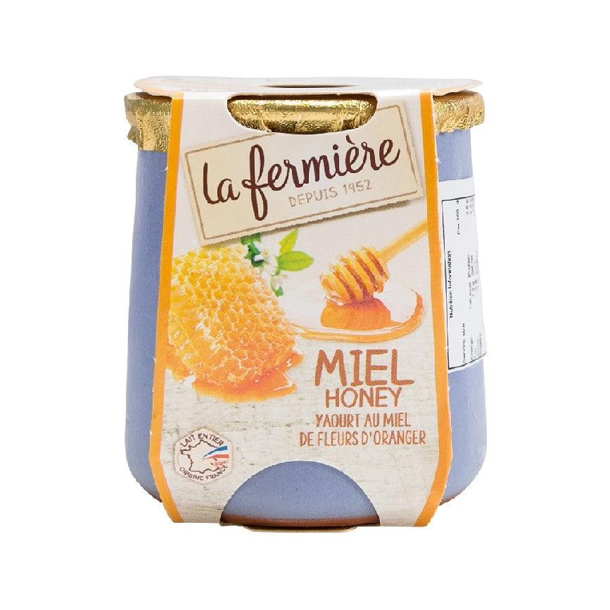 Honey yogurt cup, blue tub with gold foil, front label 'La Fermiere' and 'Miel'