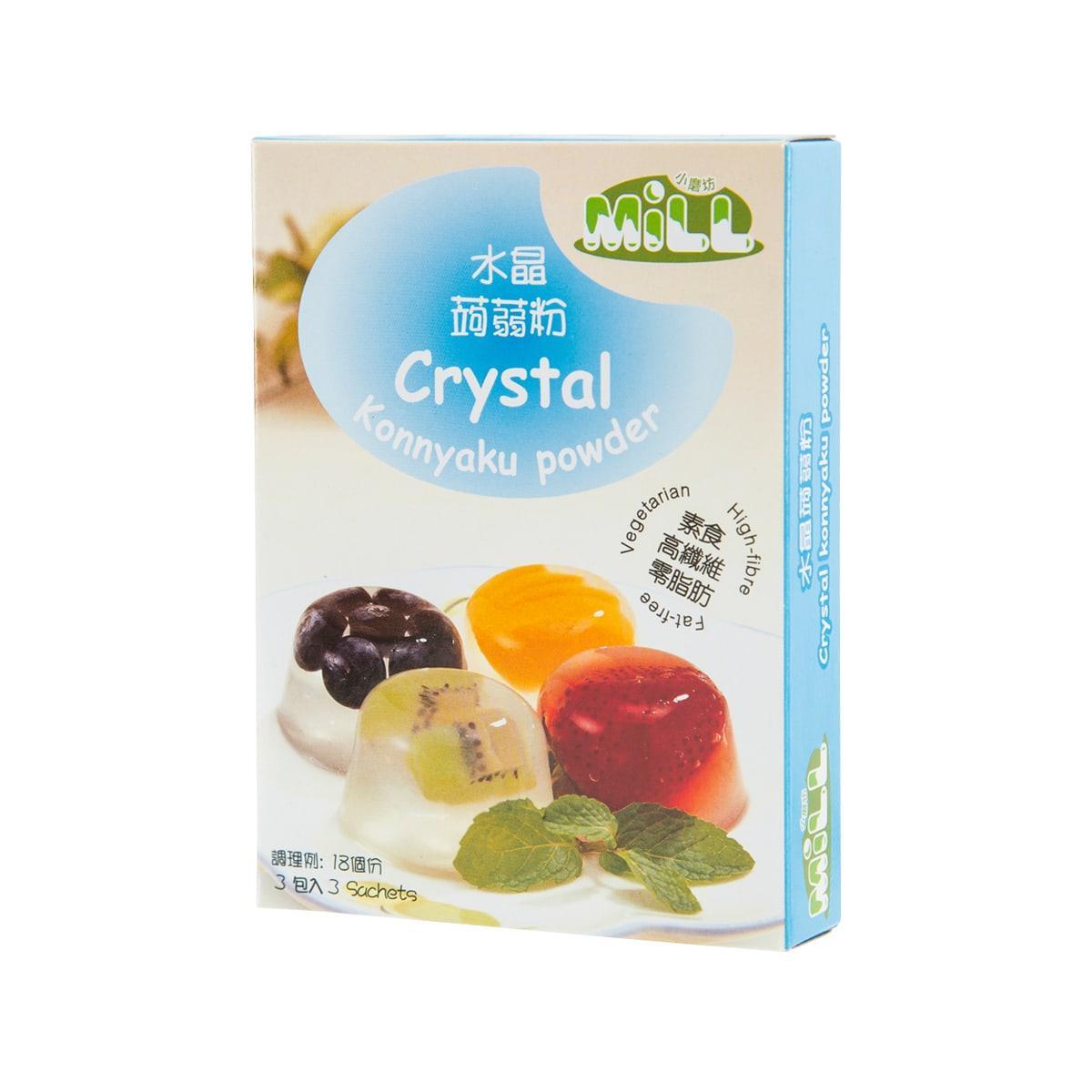 Konnyaku powder carton side panel with blue Crystal branding