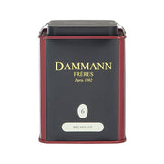 DAMMANN Breakfast black tea tin, dark metal can with front label and serving number 6