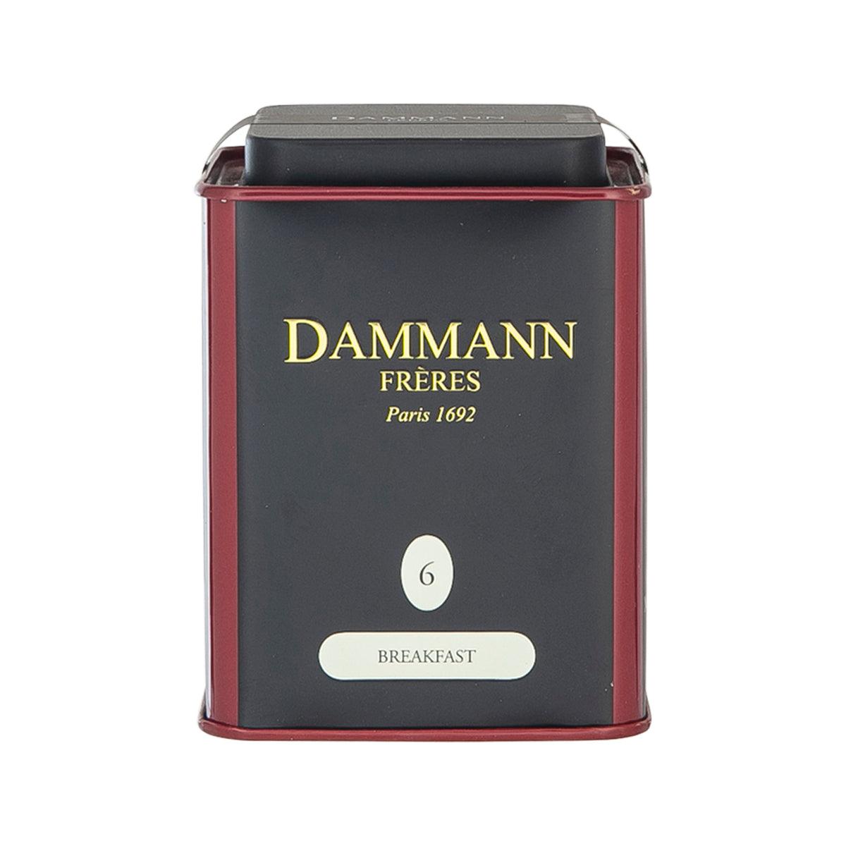 DAMMANN Breakfast black tea tin, dark metal can with front label and serving number 6