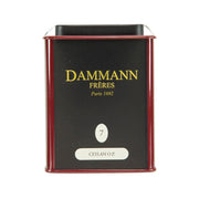 Black tea tin with DAMMANN FRERES Ceylon O.P. label, 100 g