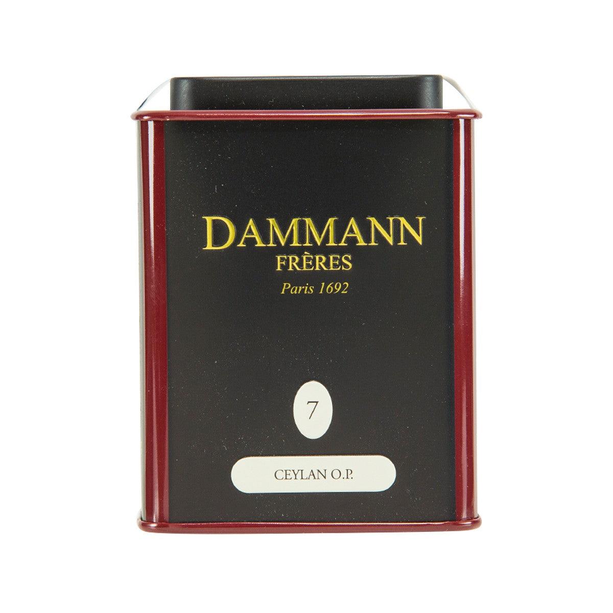 Black tea tin with DAMMANN FRERES Ceylon O.P. label, 100 g