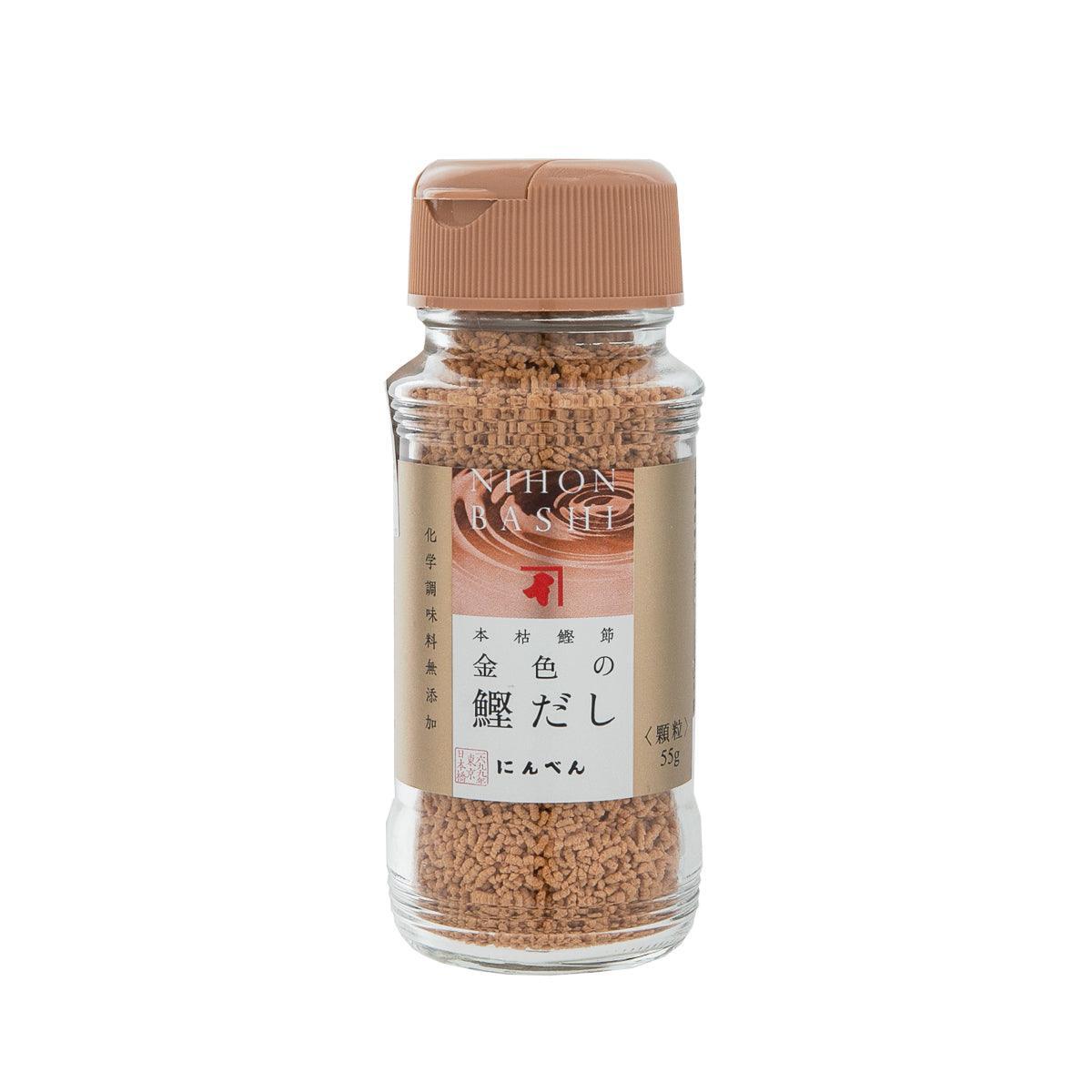 NINBEN dried bonito soup stock granules bottle with front label and dark brown flakes