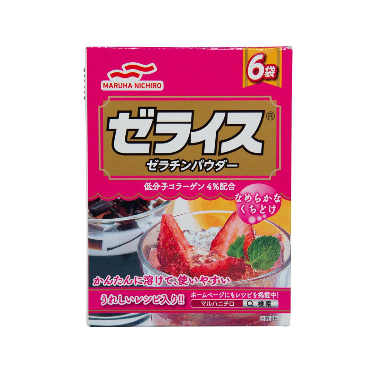 Gelatin powder mix box, pink package with 6 servings front label