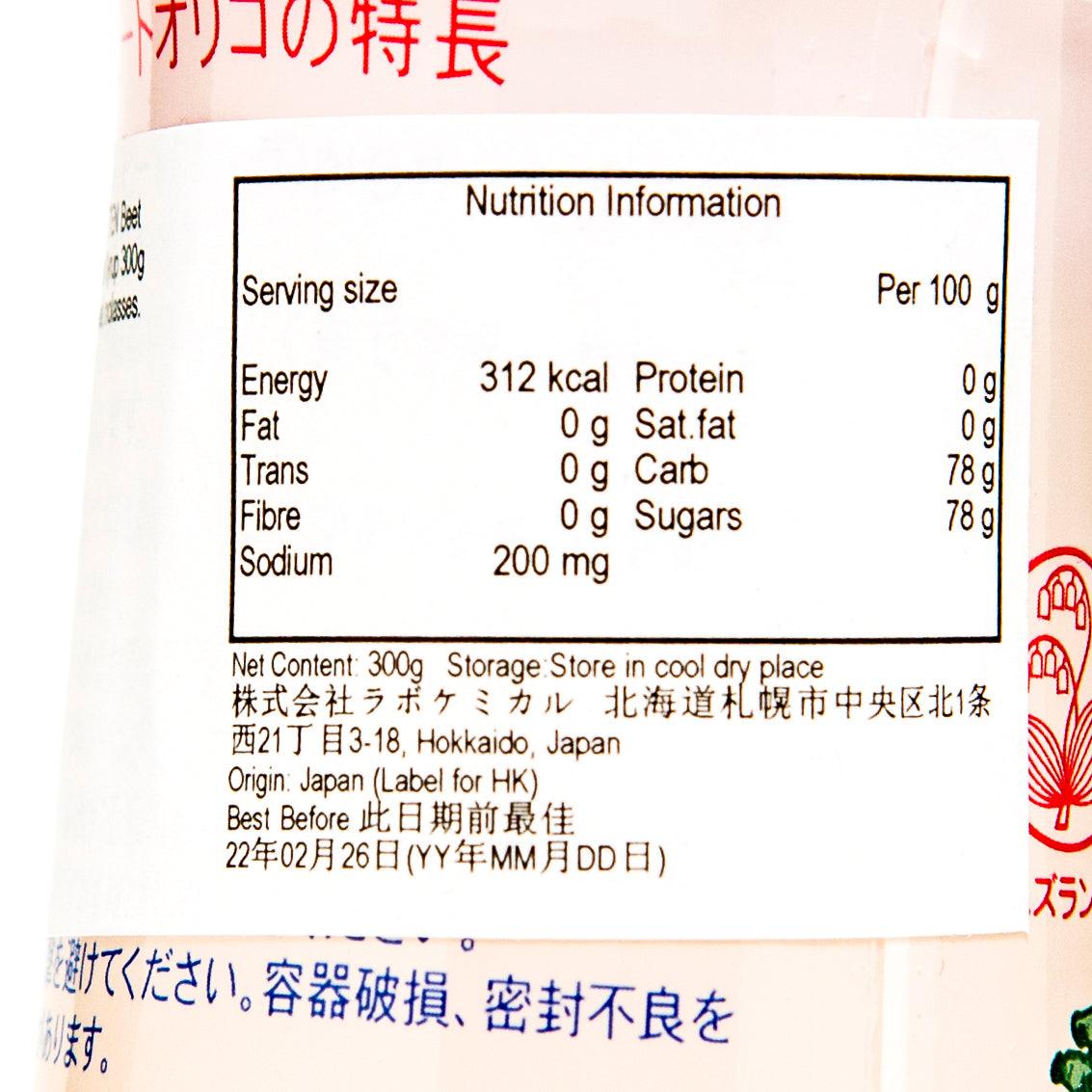 Close-up of nutrition information panel on syrup bottle label, per 100 g