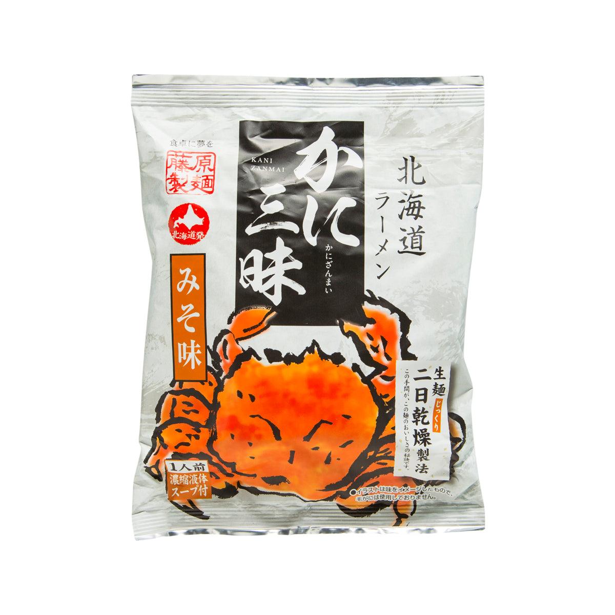 Miso ramen noodle soup pouch with orange crab illustration and Japanese label