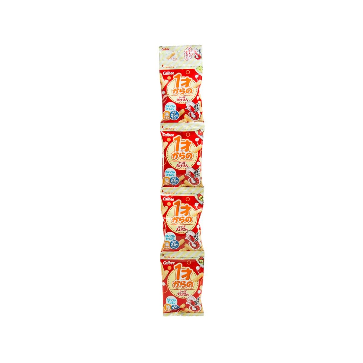CALBEE shrimp snack multipack with four red pouches, 32g
