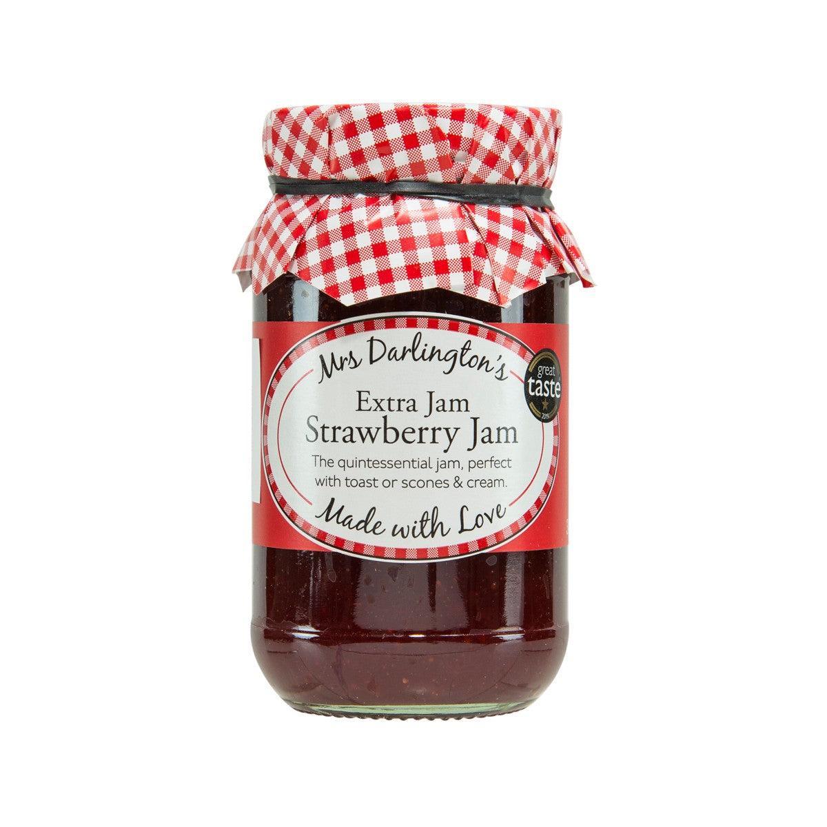 MRS DARLINGTON'S Strawberry Jam jar with red gingham ribbon and strawberry label