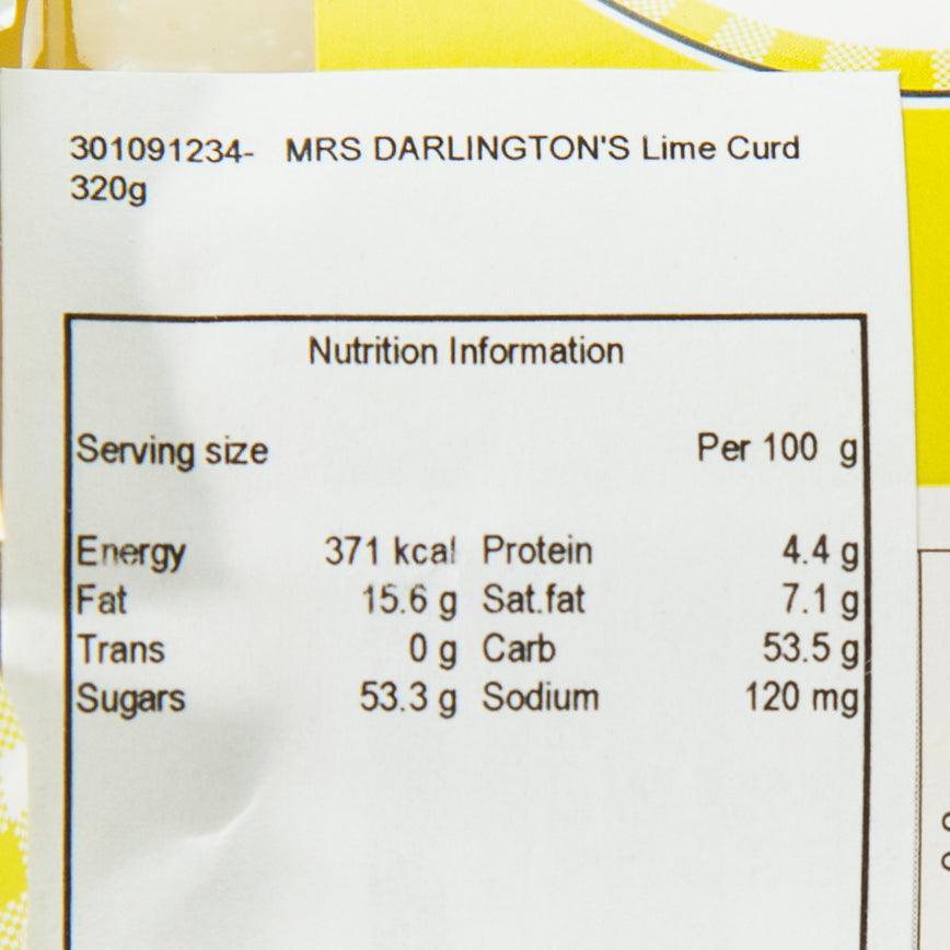 Lime curd nutrition information panel on jar label, per 100 g