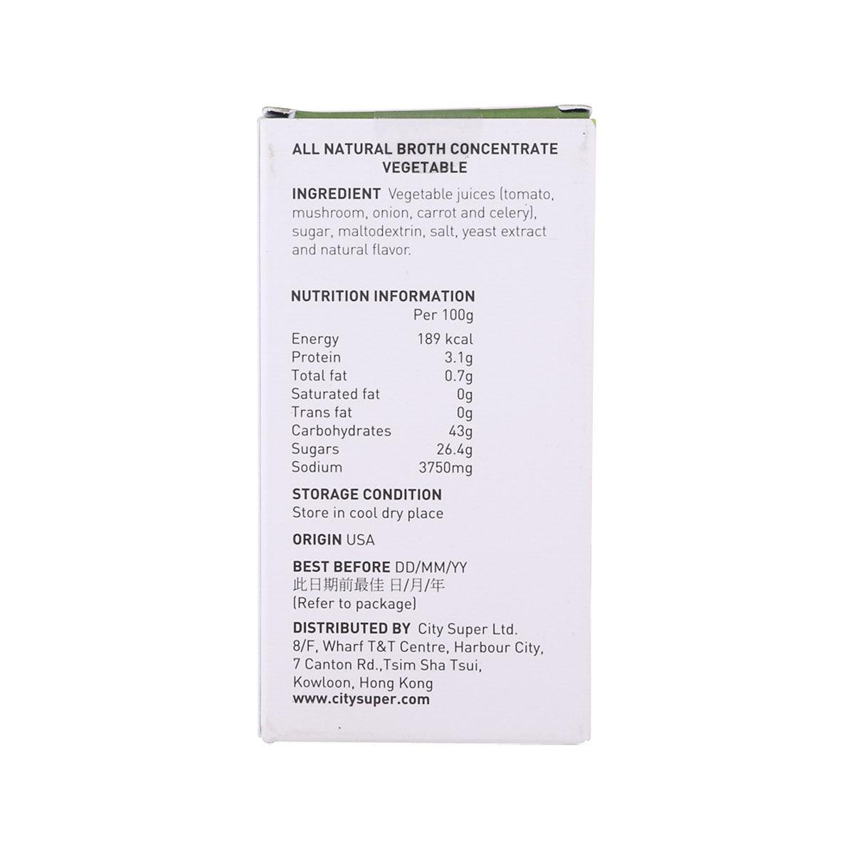 Vegetable broth concentrate box with ingredients and nutrition panel on reverse side.