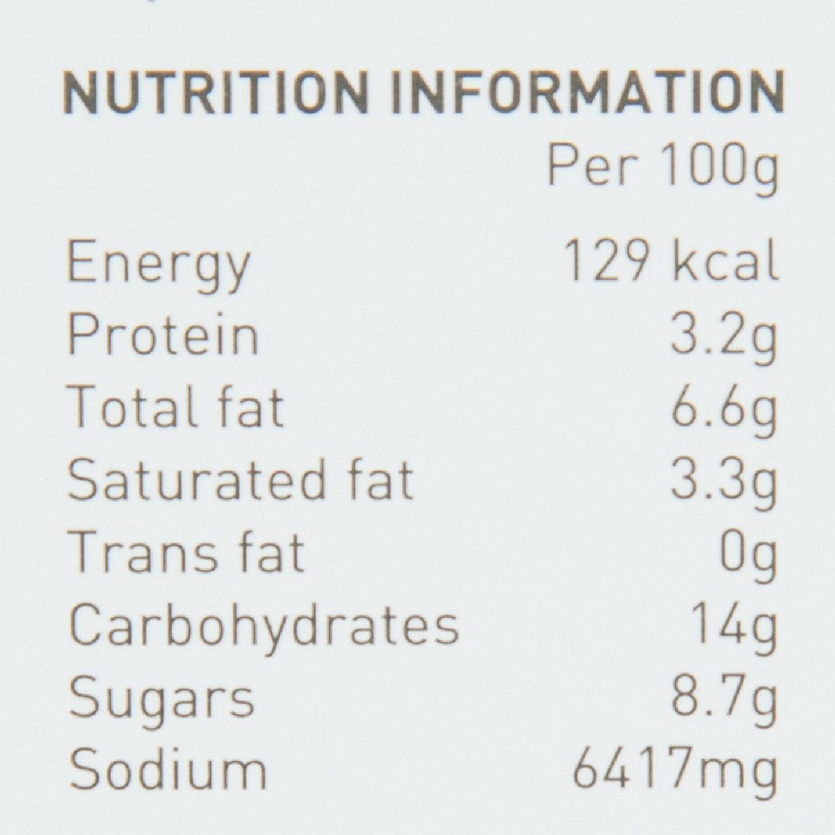 Nutrition information label per 100g: energy, protein, fat, carbs, sugars, sodium