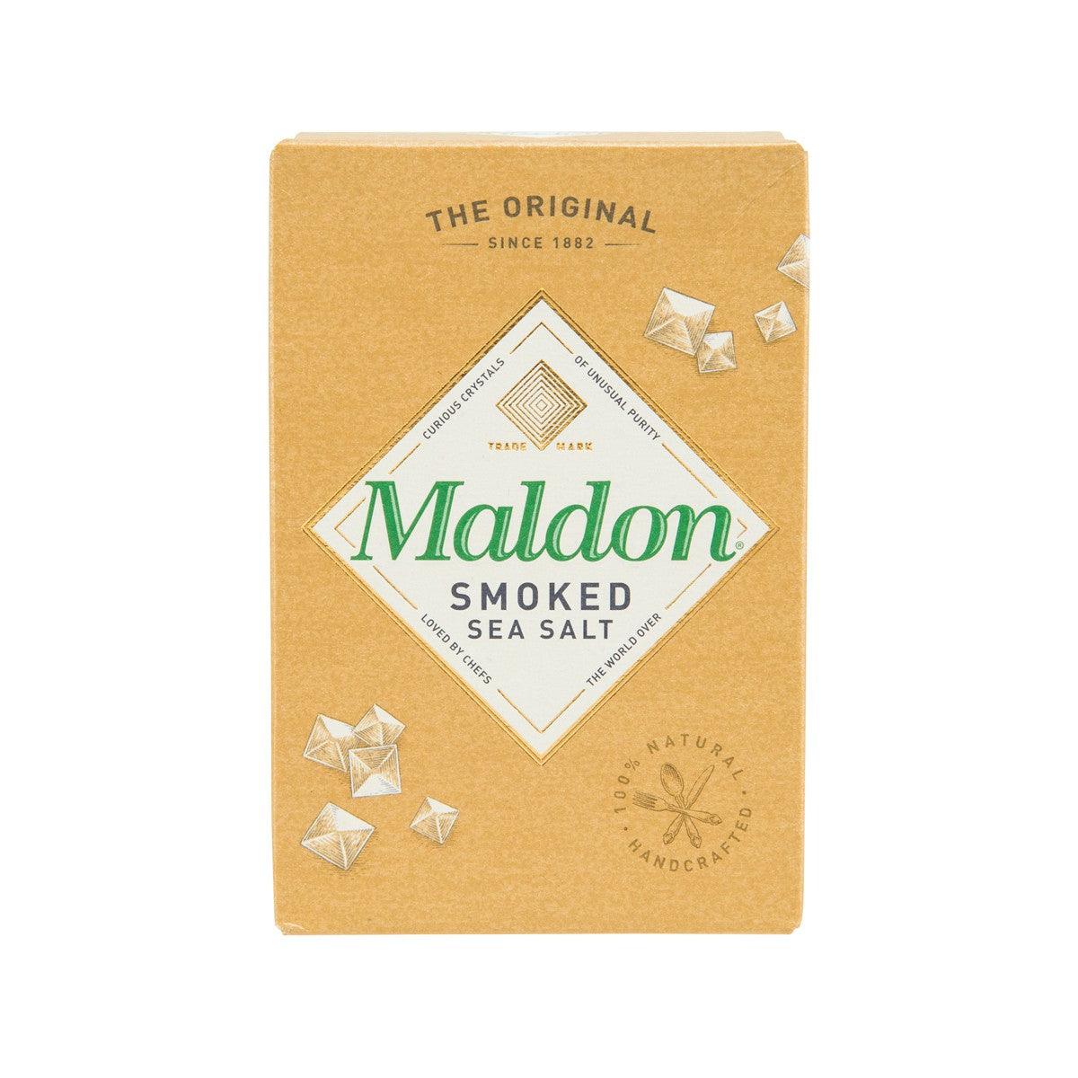MALDON Smoked Sea Salt 125g box with brand logo and scattered salt cube graphics