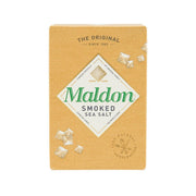 MALDON Smoked Sea Salt 125g box with brand logo and scattered salt cube graphics