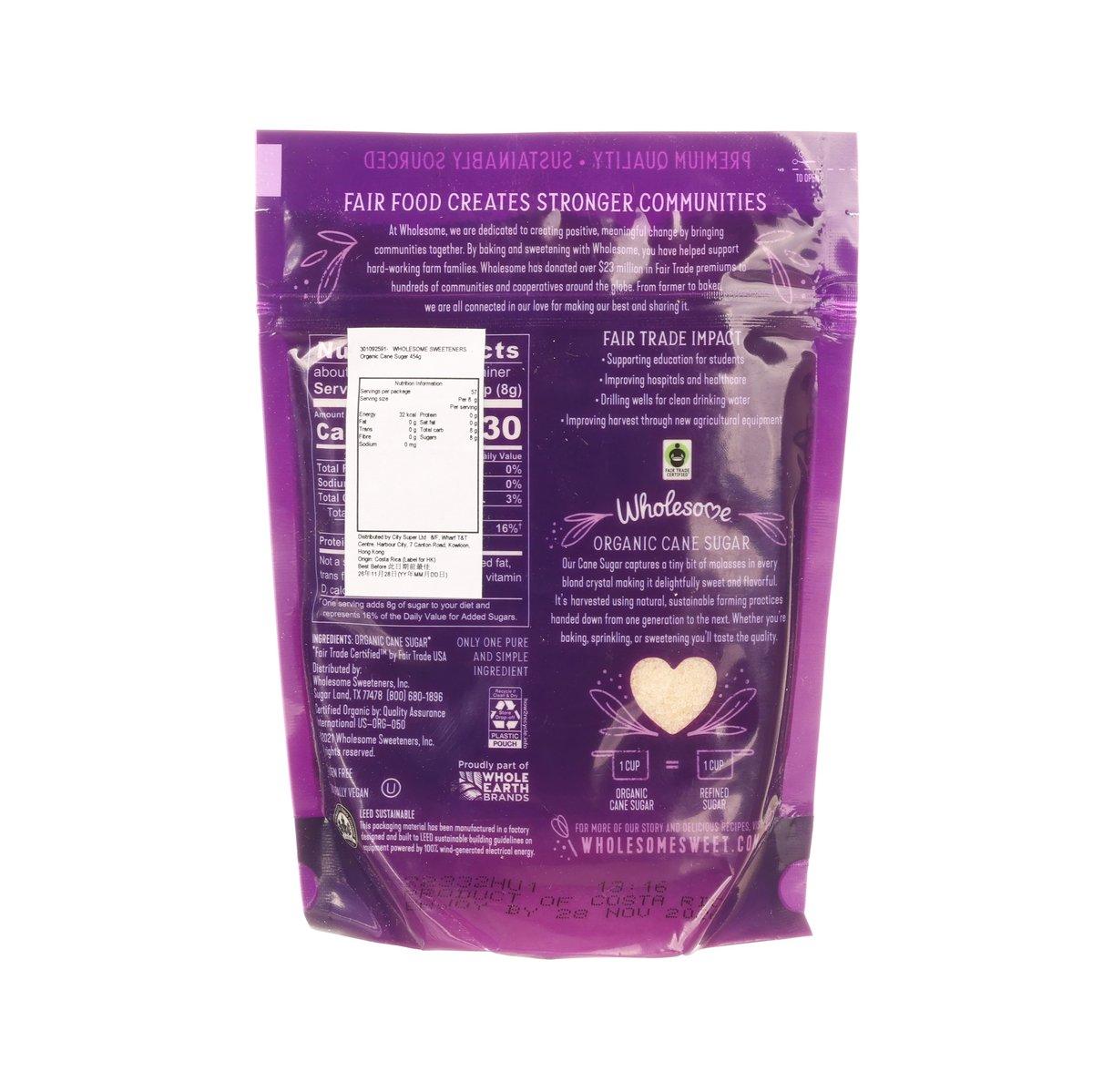 Organic cane sugar pouch, purple back with nutrition facts, 454 g