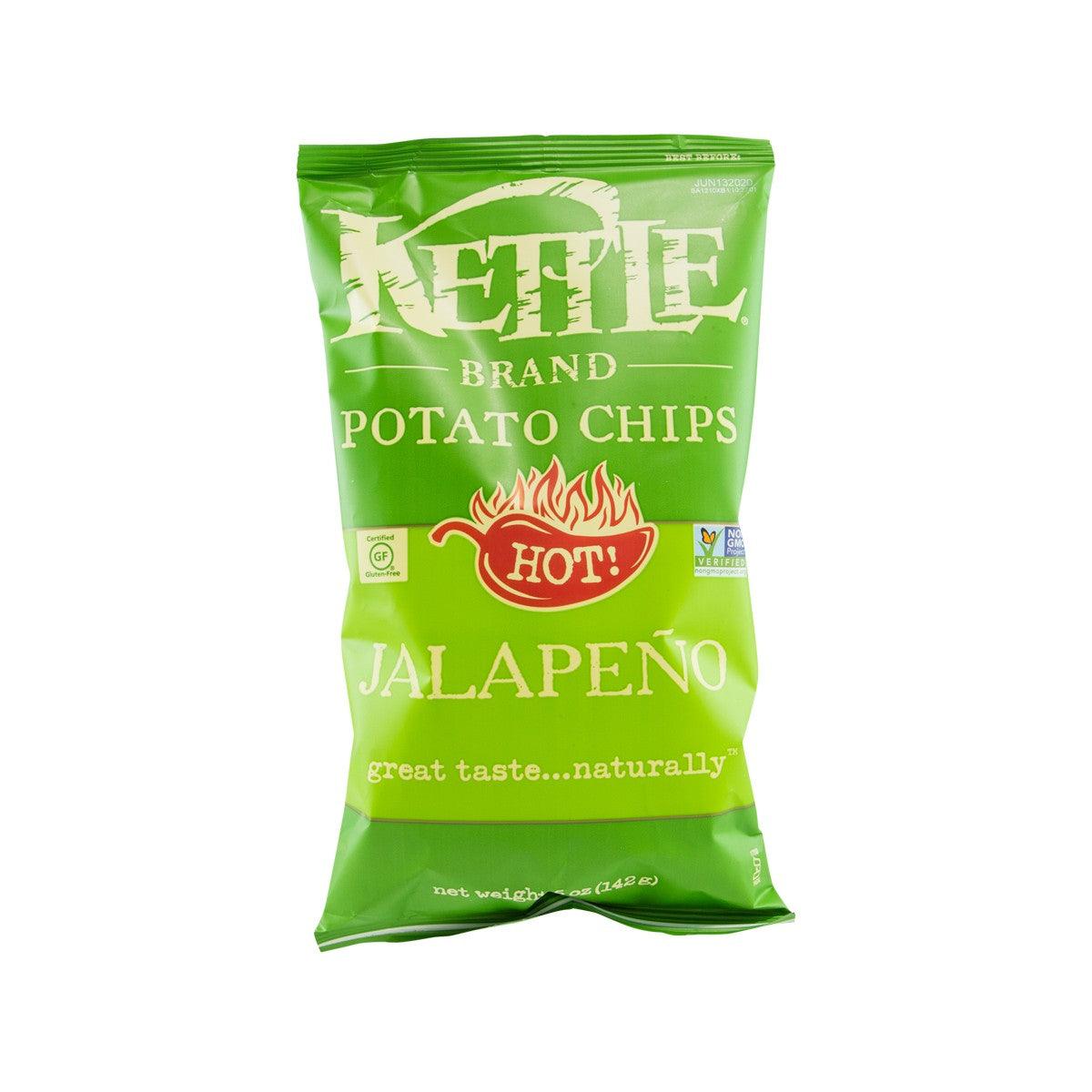 KETTLE jalapeno potato chips bag, green package with HOT! label