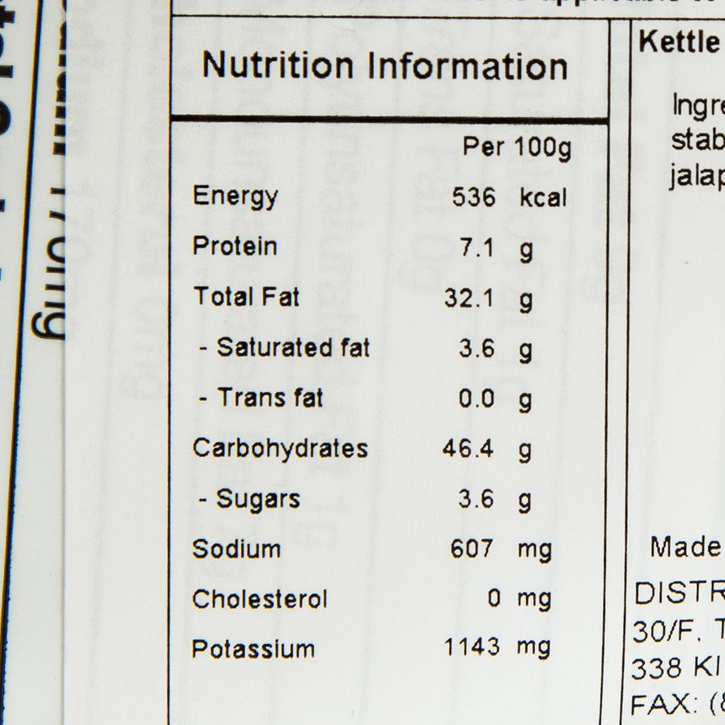 Jalapeno potato chips nutrition facts panel with calories and sodium values