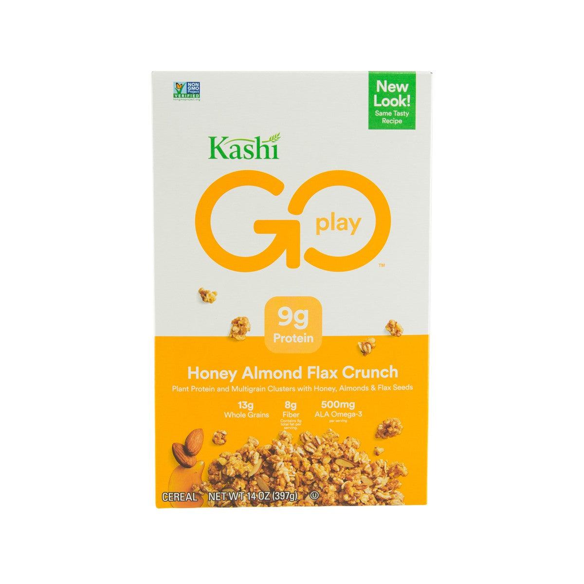 Kashi Go Honey Almond Flax Crunch cereal box, front, 397 g
