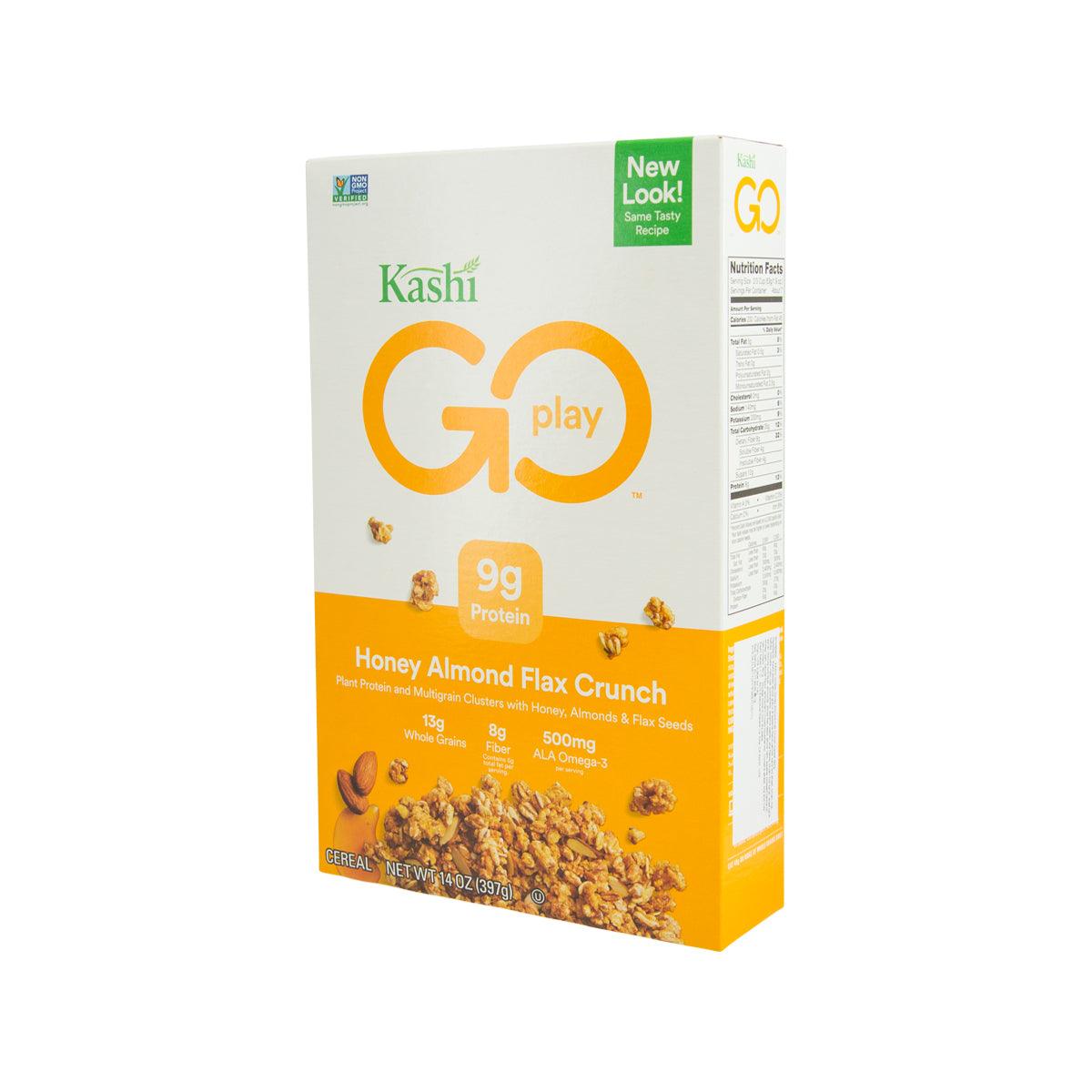 Kashi Go Honey Almond Flax Crunch cereal box, side panel with nutrition text