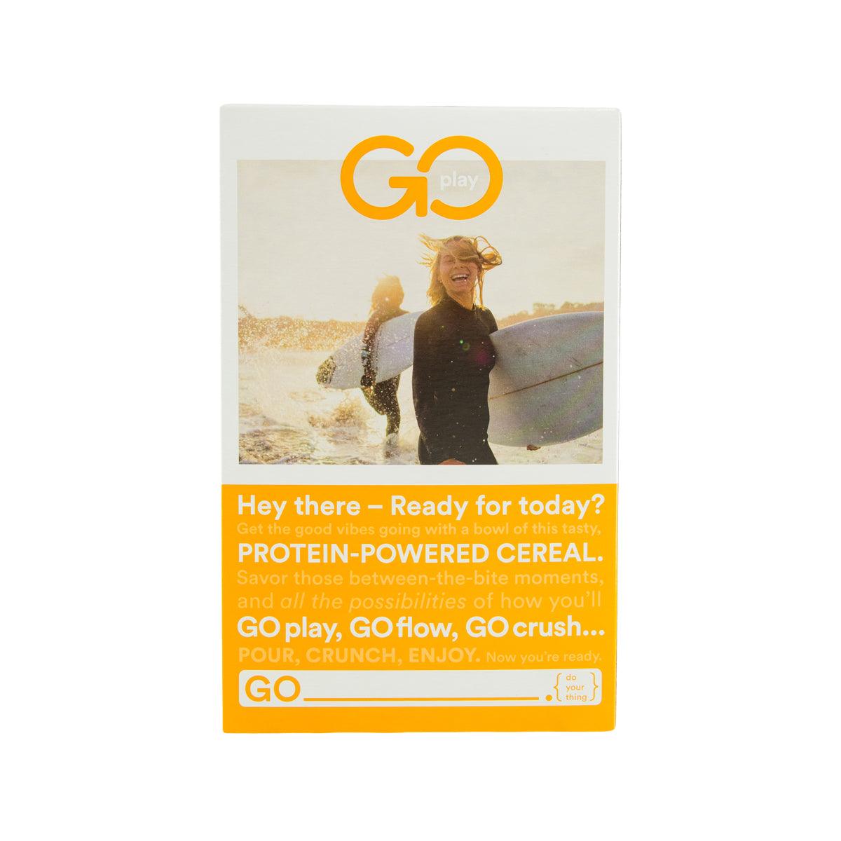 Kashi Go protein cereal box, back with beach photo and 'Hey there' text
