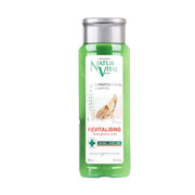 Green revitalising hair shampoo bottle with silver cap and front label