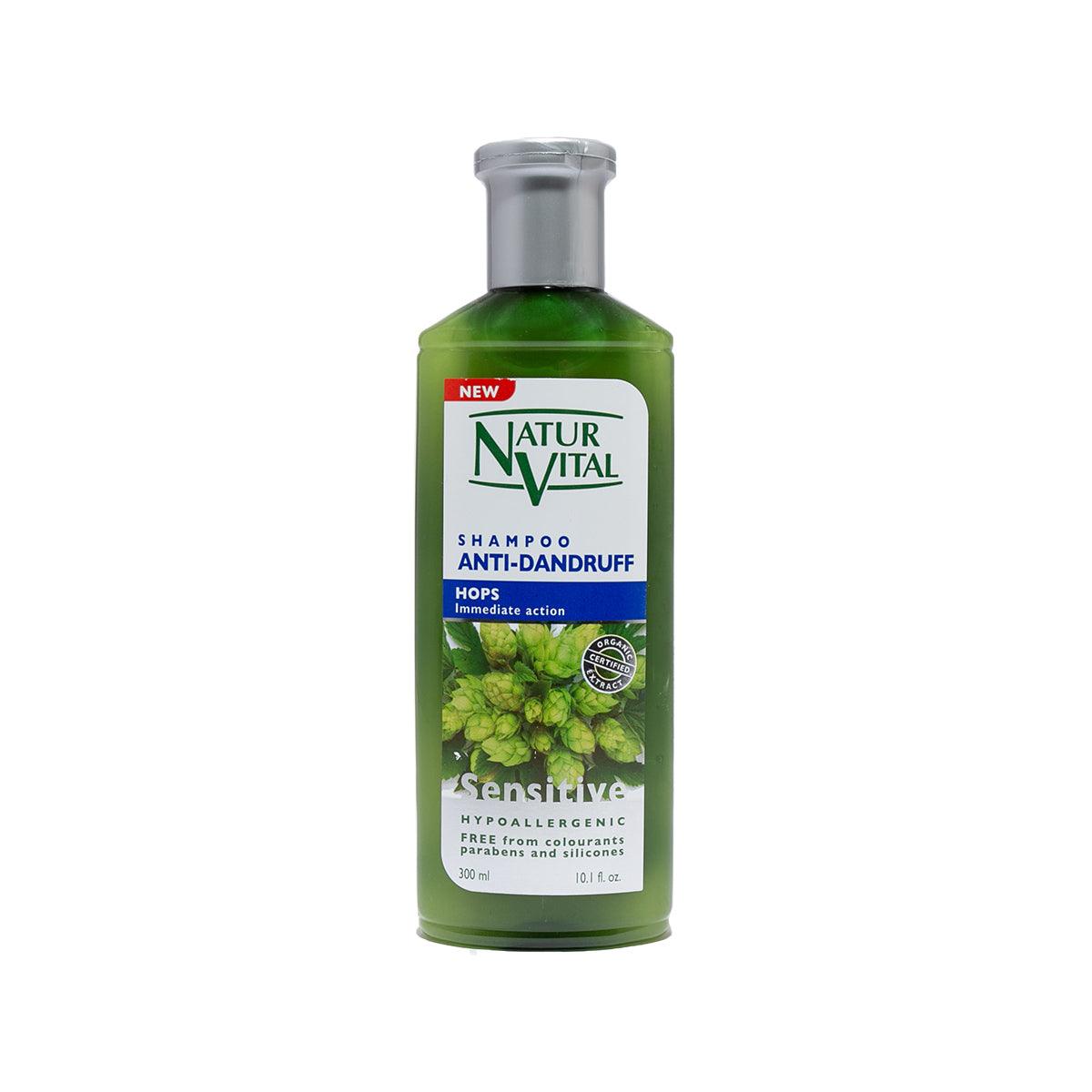 NATUR VITAL sensitive anti-dandruff hair shampoo bottle with hops, 300 ml