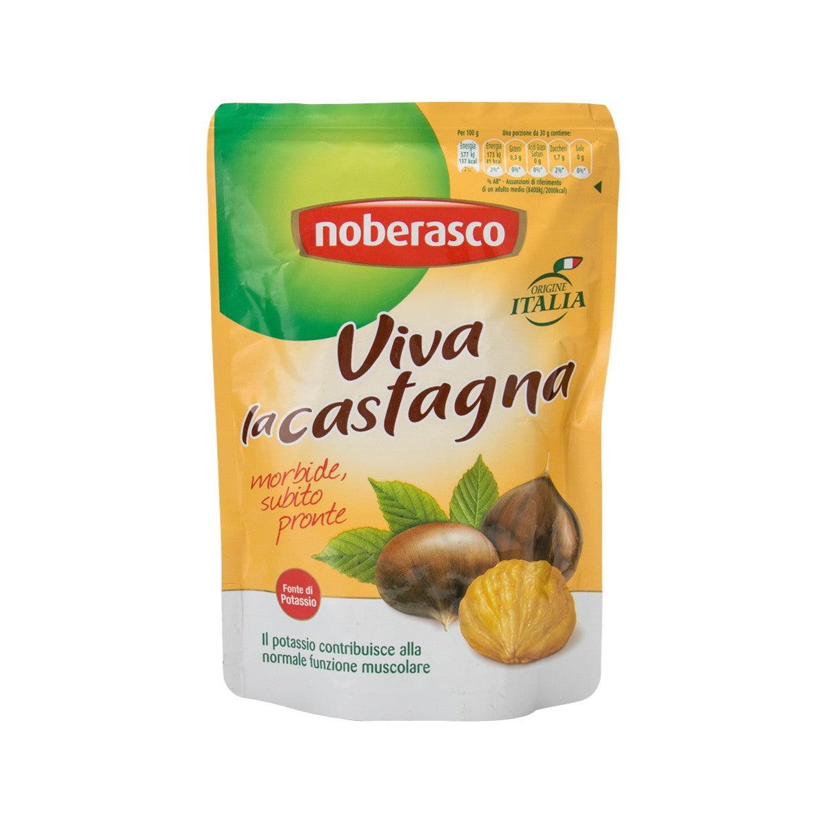 Cooked chestnuts bag with Viva la castagna label, front view