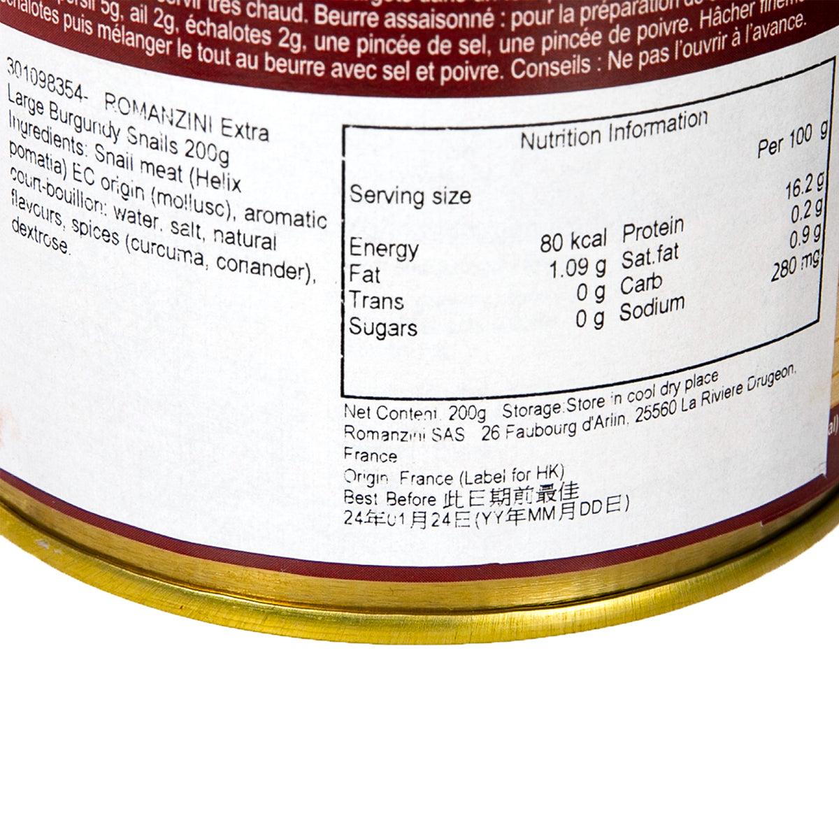 ROMANZINI escargots nutrition information panel on burgundy tin, per 100g