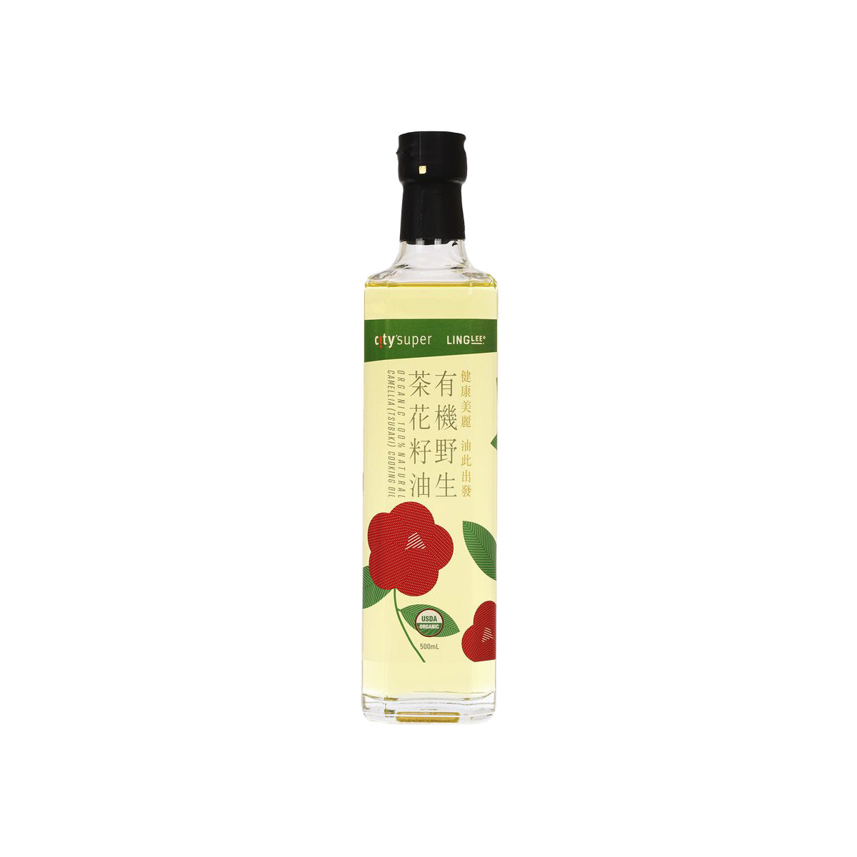 Camellia (Tsubaki) cooking oil bottle with black cap, clear glass, red flower label