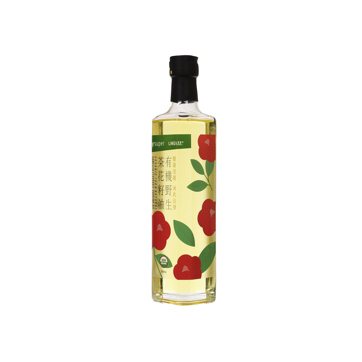 Camellia cooking oil bottle with black cap, clear glass, red flower and green leaf label