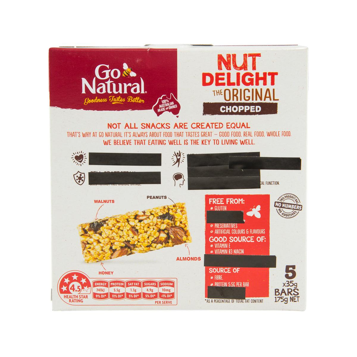 GO Natural Nut Delight snack bar box back panel with product and ingredient info