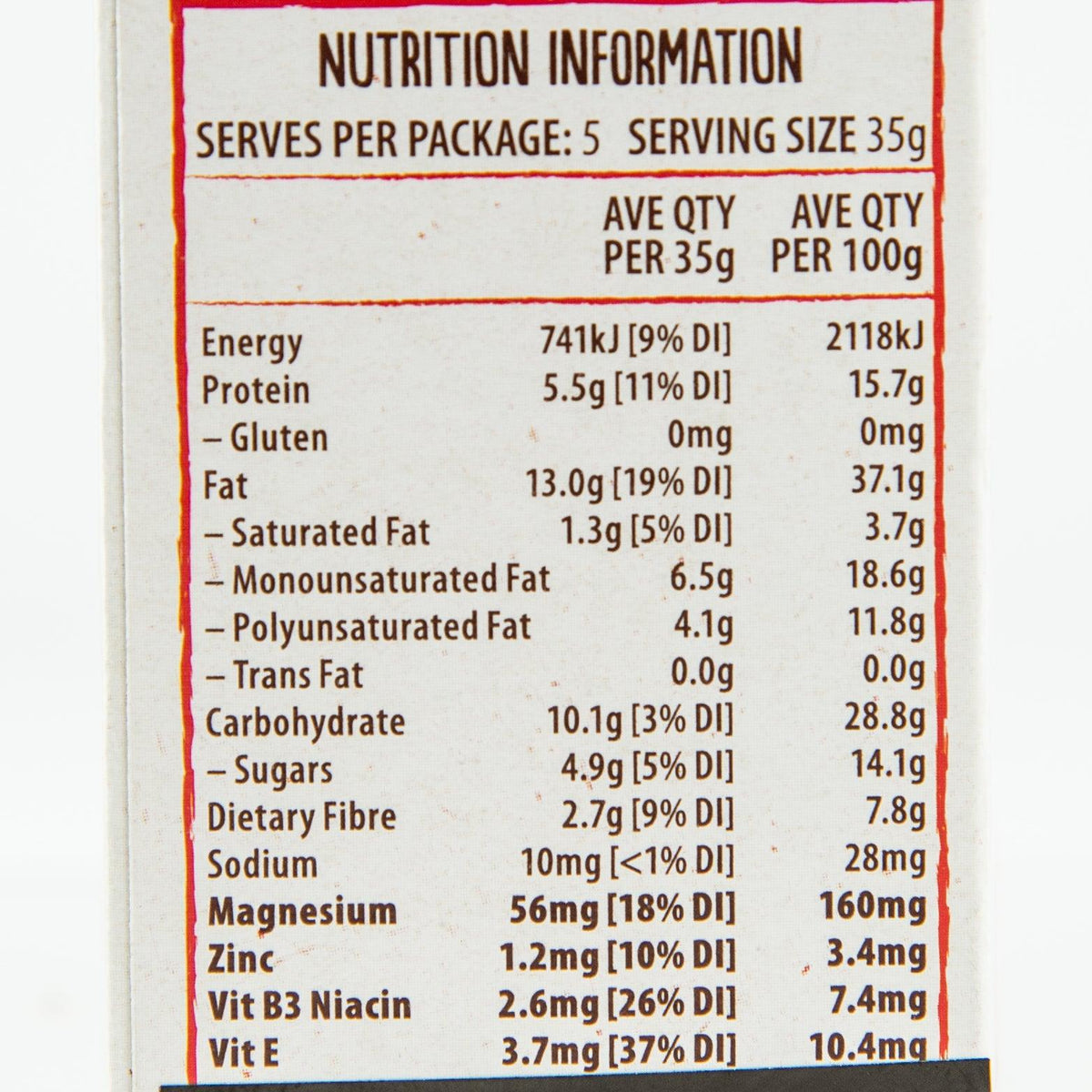 Nut Delight snack bar nutrition information panel with serves and nutrient values